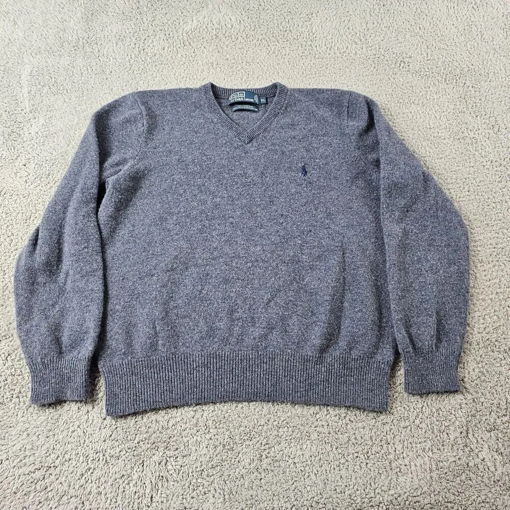 Vintage Polo Ralph Lauren Sweater Mens XL Blue Lambswool V Neck Preppy Casual